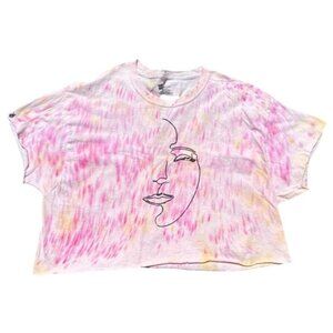Handmade Tie-Dye Face Line Art Graphic Cropped T-Shirt With Open Back Lace-Up De